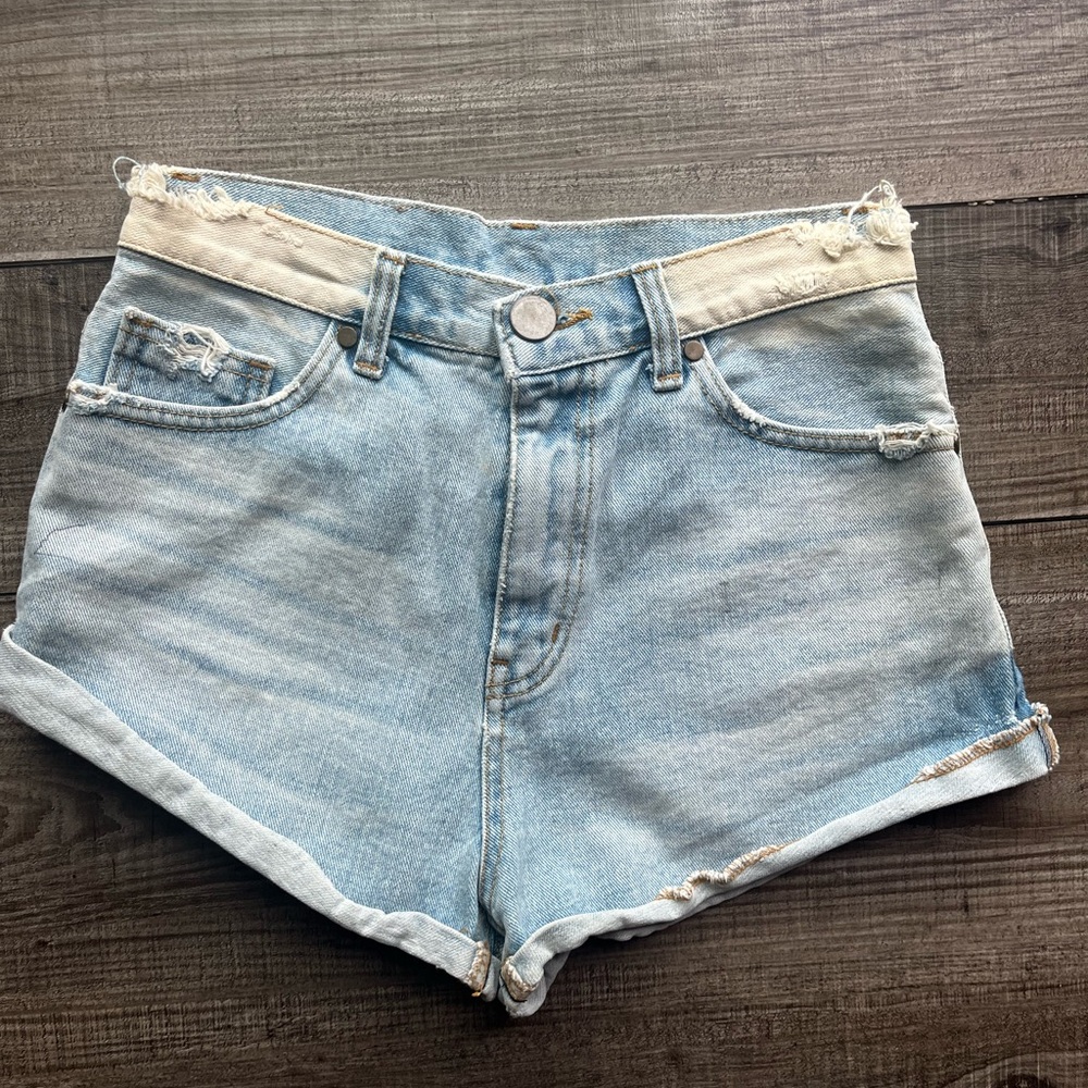 Distressed Blue Jean Shorts with Raw and Cuffed Hems